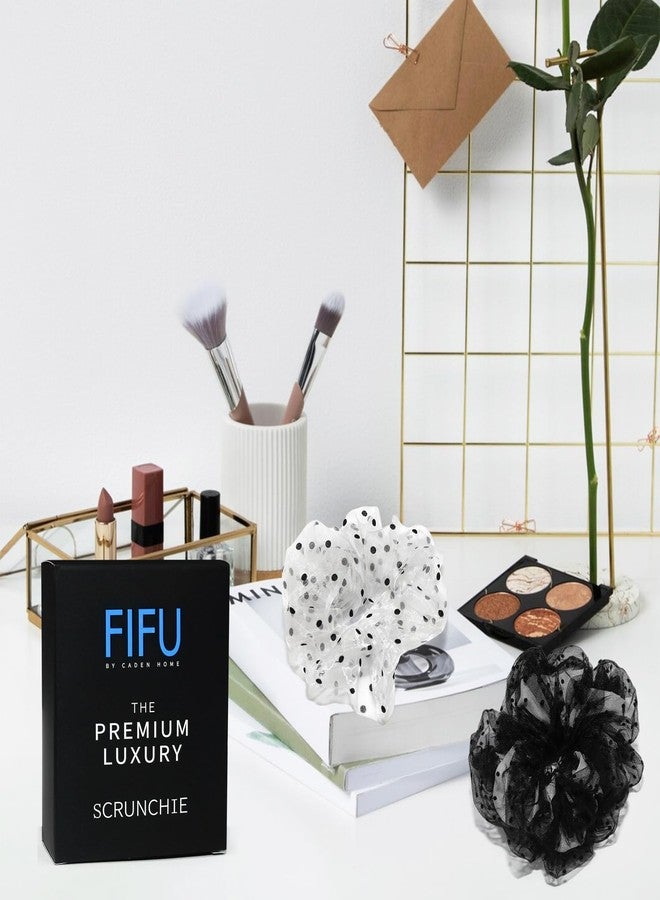 FIFU مجموعة ربطات شعر فاخرة من FIFU، عبوة من قطعتين، ربطات شعر من الشيفون والشبك الأسود والأبيض بنقاط البولكا، مرنة وآمنة للنساء والفتيات، رقم 1 - Image 2